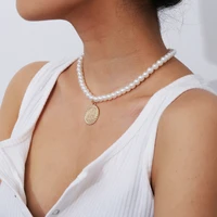 2020 new fashion imitation pearl gold lady portrait coin pendant necklace female metal snake chain collar bridal jewelry gift
