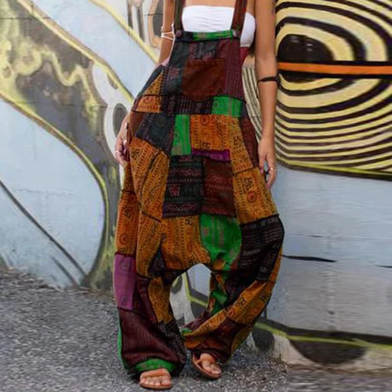 

2021 Summer Vintage Block Print Loose Sleeveless Jumpsuits Women Sexy Off Shoulder Romper Casual Ladies Pockets Straps Overalls