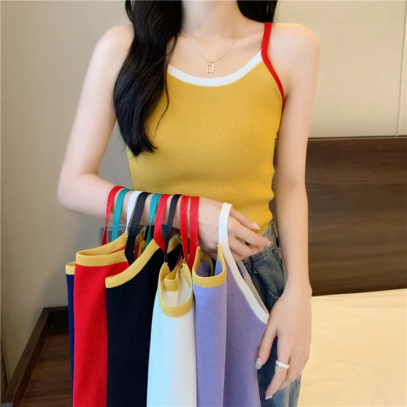 

French New Arrival Women Summer Sexy Sleeveless knit halter base shirt Solid Casual Short Black Tank Tops
