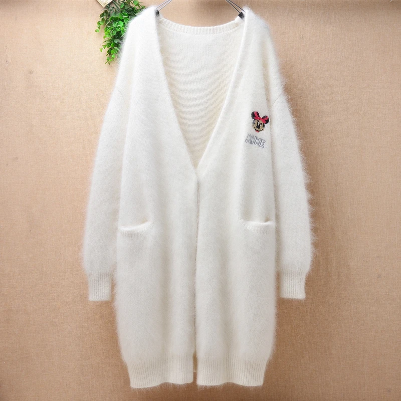

Женский модный белый пушистый плюшевый норковый кашемировый длинный свободный свитер большого размера с глубоким V-образным вырезом и длин...