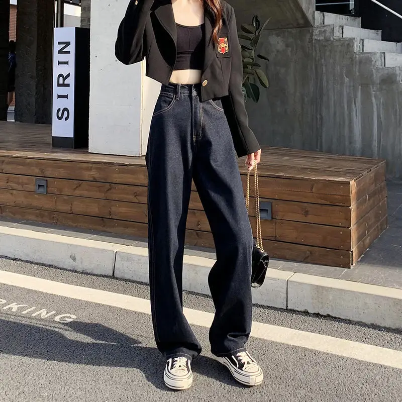 

Spring Ladies Vintage Blue High Waist Jeans 2021 New Casual Fashion Loose Straight Hanging Wide Leg Pants Plus Size S-Xl
