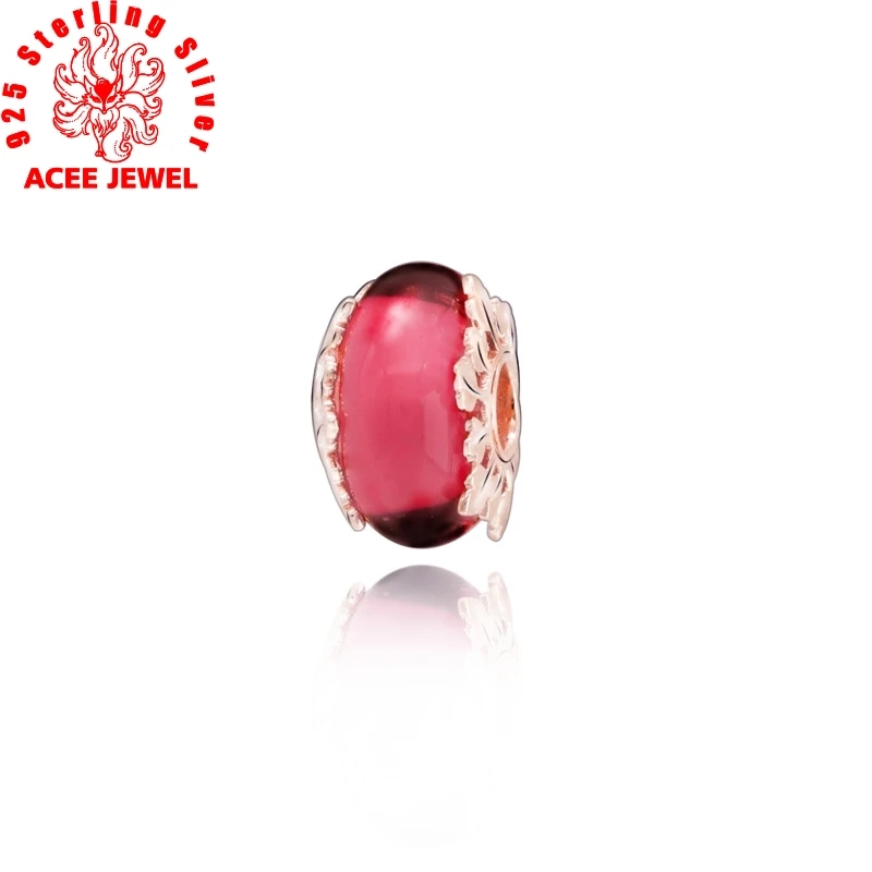 

2019 autumn New 925 Sterling Silver Beads Pink Murano Glass & Leaves Charms Pendant fit Original pandora Bracelets DIY Jewelry