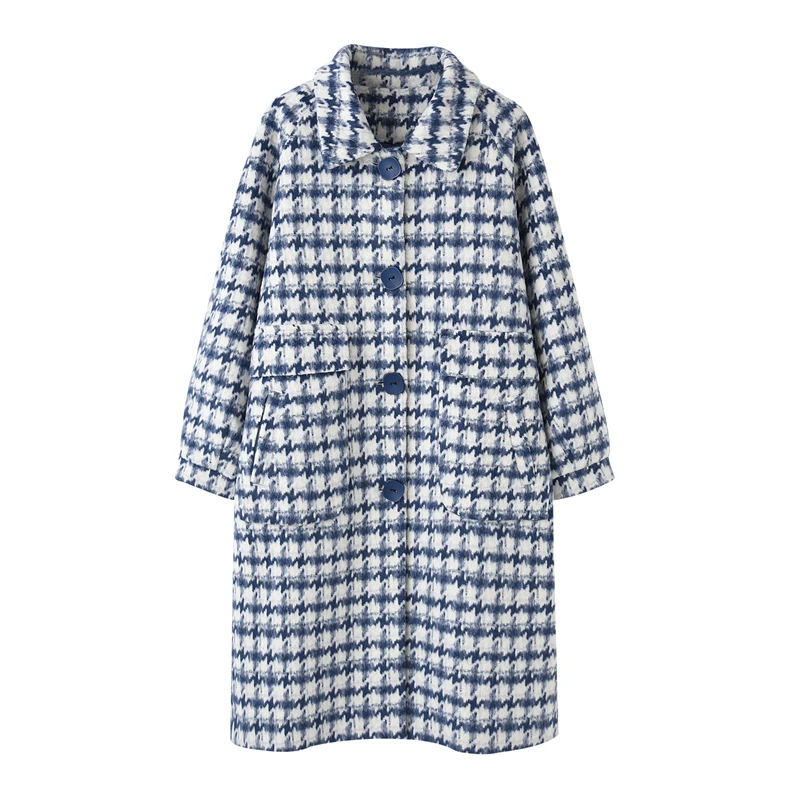 Женское длинное твидовое пальто роскошное шерстяное с принтом мешковатое