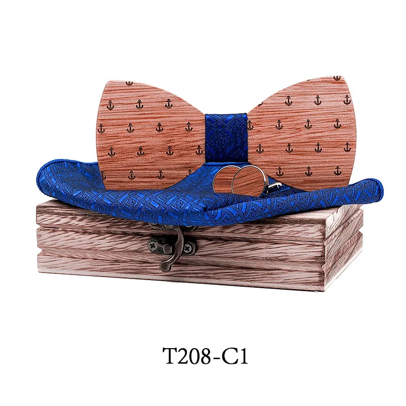 

2020 Wooden Bow Tie Hanky Cufflinks Set Men's Design Tie Paisley Floral Printed Gravatas Slim Gift Tuxedo Bow Tie Accessory