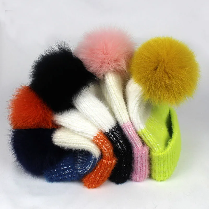 

Minhui Natural Fox Fur Hat Knitted Caps Women Warm Winter Beanie Hats Gorro Skullies Pompom Hat