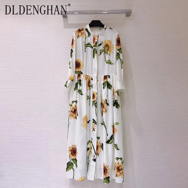 

DLDENGHAN, модное дизайнерское летнее платье с принтом подсолнуха, женские однобортные платья с воротником-стойкой и рукавом до локтя