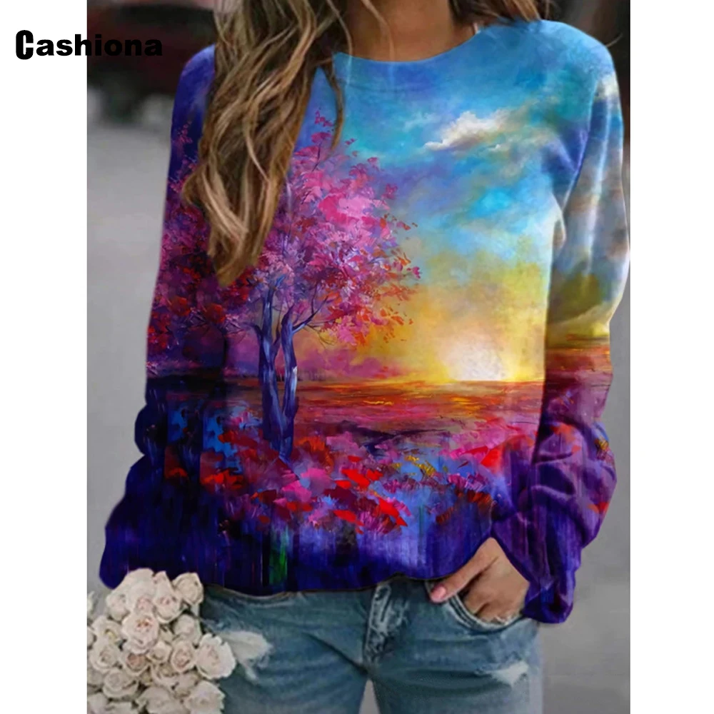 Plus Size 3xl Women Fashion Spliced Top 2021 New Autumn Loose Nature 3D Print Sweatshirts Casual Pullovers Sexy Girls Clothing