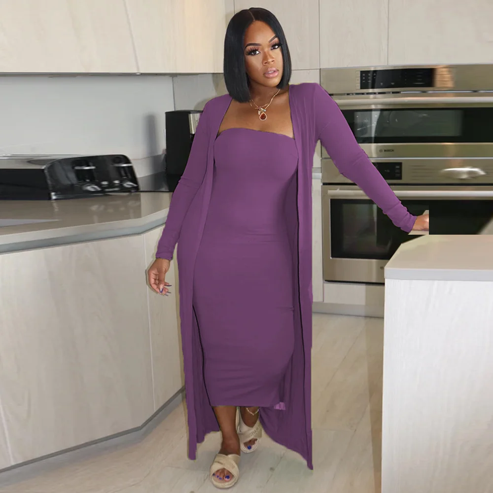 

Fall Winter Solid Two Piece Club Outfits for Women Wrap Chest Bandage Long Dress and Full Sleeve Cardigan Elegant Casual Suits