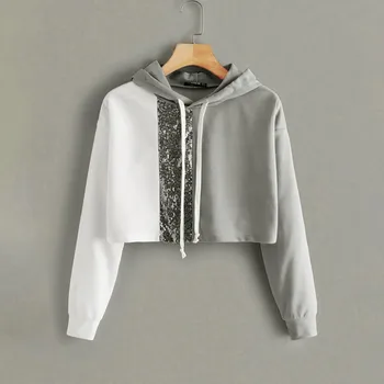 Fashion Hoodie Women Loose Long Sleeve Solid Color Sequin Splice Sweatshirt Tops New Autumn Winter Women Girls Hoodie Jacket 1