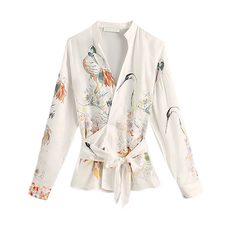 Женская стильная рубашка с длинными рукавами и принтом животных галстуком