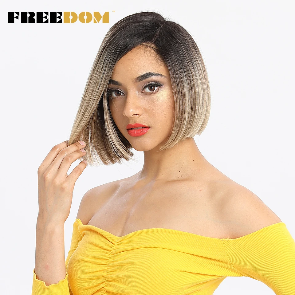 Ful Short Bob Straight Wigs For Black Women Ombre Dark Roots Brown Synthetic Lace Wig Natural Hair Wigs Glueless
