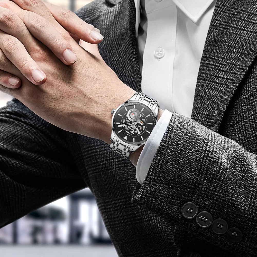 Часы DOM Мужские механические автоматические водонепроницаемые черные стальные