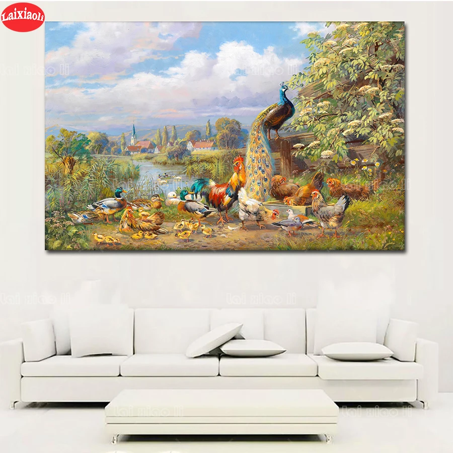 

Алмазная 5d живопись «сделай сам», животные на ферме, павлин, курица, пейзаж, полностью квадратная круглая Алмазная вышивка, Новое поступлени...