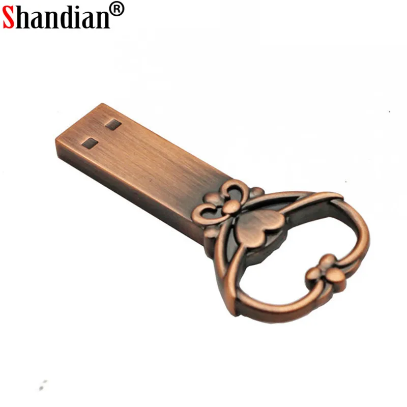 SHANDIAN copper love heart shaped key usb flash drive pendrive pen 4gb 16gb 32gb 64GB metal keys memory Stick wedding gift | Компьютеры и