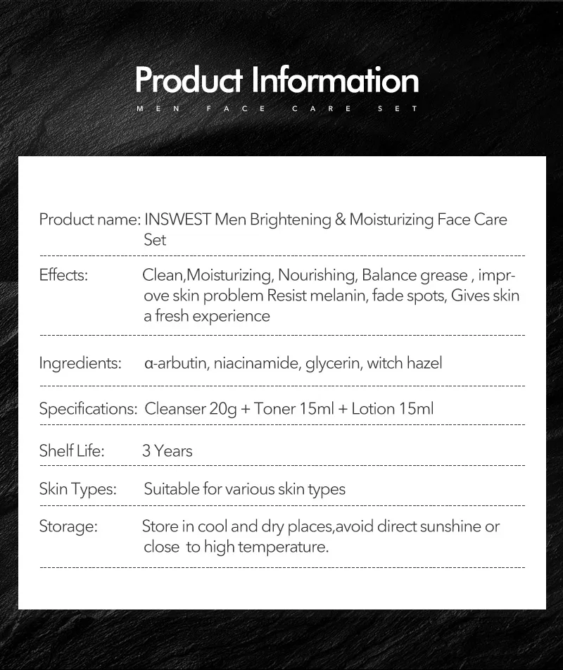 3Pcs Men Brightening Skin Care Set Cleanser& Toner& Lotion Moisturizing Anti Aging Smooth Daily Facial Care 20+15+15ml