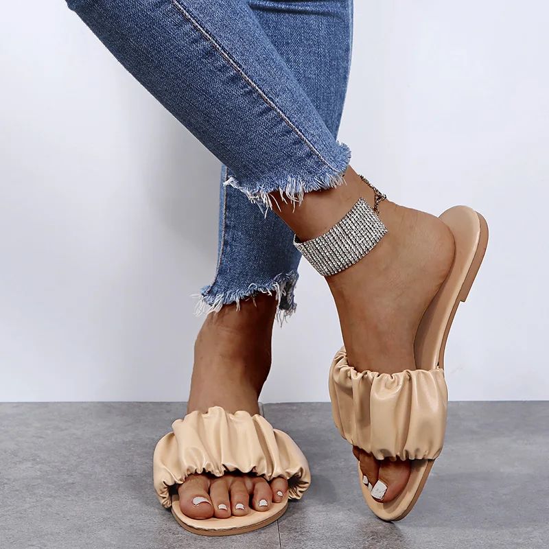 

Women Slippers Ins Hot Woman autumn Outdoor Slides Women's 2020 Fashion Pleated Open Toe Flat Lady Beach Shoes Female Footwear