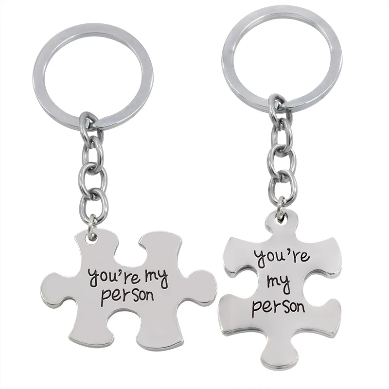 

2 PCS/Set Fashion Trendy Lovers' Puzzle Pendant Keychain Letting You Are My Person Puzzle Pendant Key Ring Jewelry For Lover