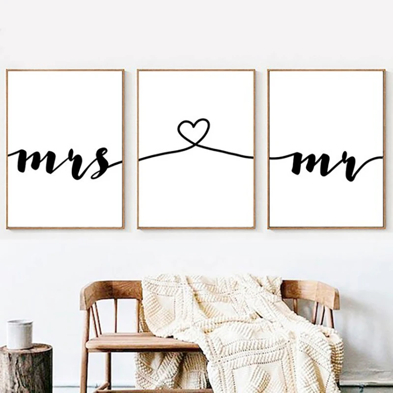 Скандинавский постер с надписью Mr/Mrs Love на холсте Настенная картина черно белого