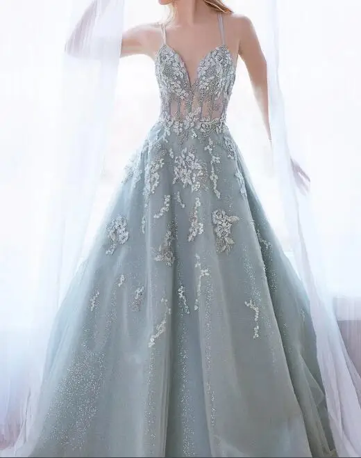 

Платье для выпускного вечера, синее, на тонких бретелях, с V-образным вырезом, прозрачное, Аппликации кружевные со стразами