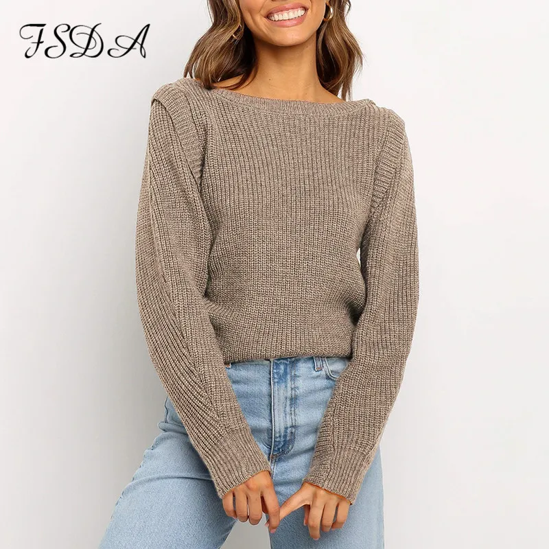 FSDA и круглым вырезом Трикотажный 2020 осень-зима свитер цвета хаки для женщин с