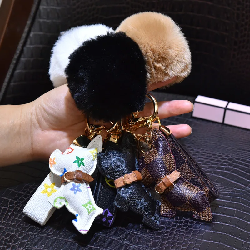 

European and American Trend Leather Old Flower Puppy Keychain Female Cute Pit Bull KeyChain Couple Accessories Package Charm