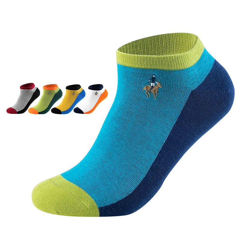 5 Pairs New Spring Summer Men's Socks Color Matching Trendy Boat Socks Sweat-absorbent Breathable Embroidered Cotton Socks
