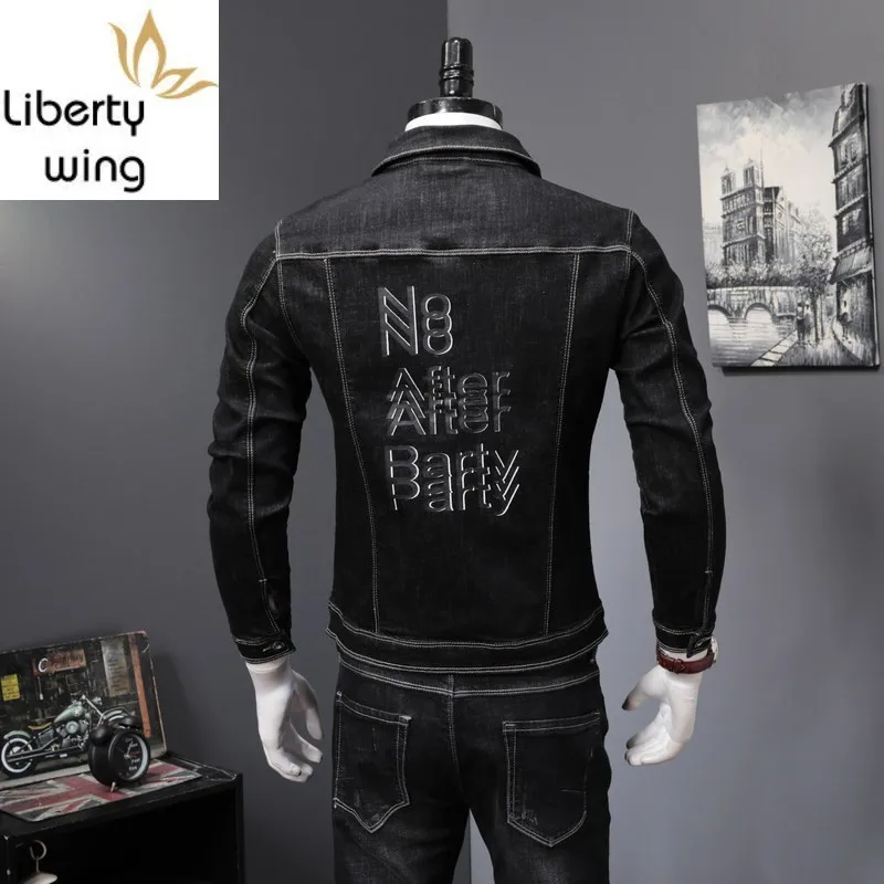Spring Black Denim Overalls Mens Two Piece Set Long Sleeve Letter Print Jean Jacket Zipper Jeans Fashions Biker Trousers - купить по