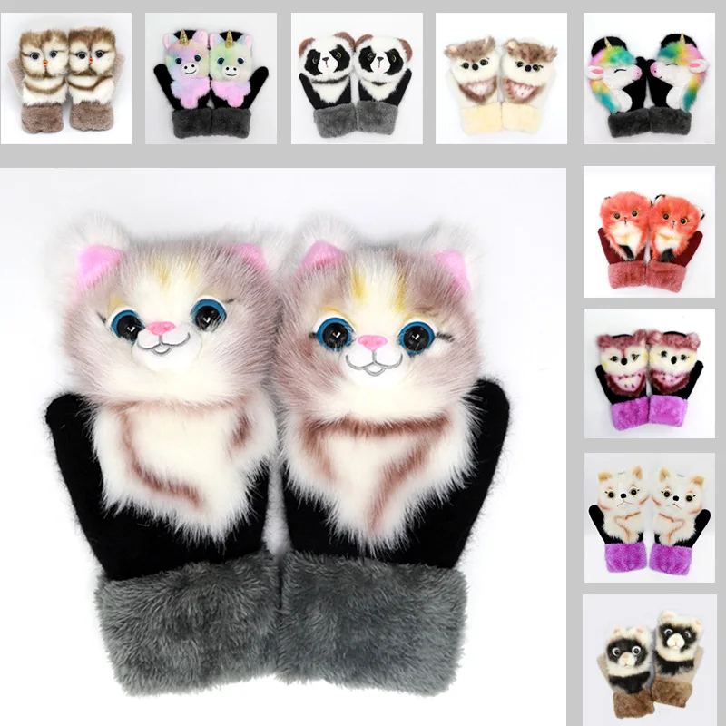 

1 pair Women Men Winter Knit Gloves Cute 3D Fluffy Cartoon Animal Decor Thickened Plush Lining Windproof Thermal Warm Mittens