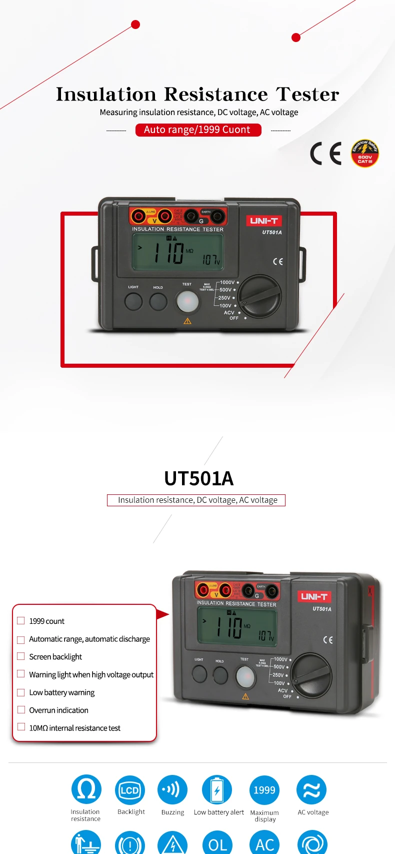 UNI-T UT501A тестер сопротивления изоляции 100V-1000V мегомметром Измеритель сопротивления заземления Мегаомметр 30~ 750 В вольтметр переменного тока