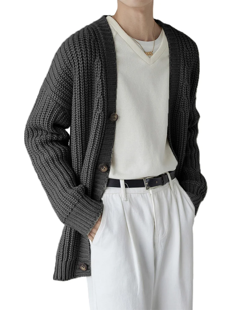 

Мужской трикотажный кардиган, с длинным рукавом, однотонный, свободный, повседневный