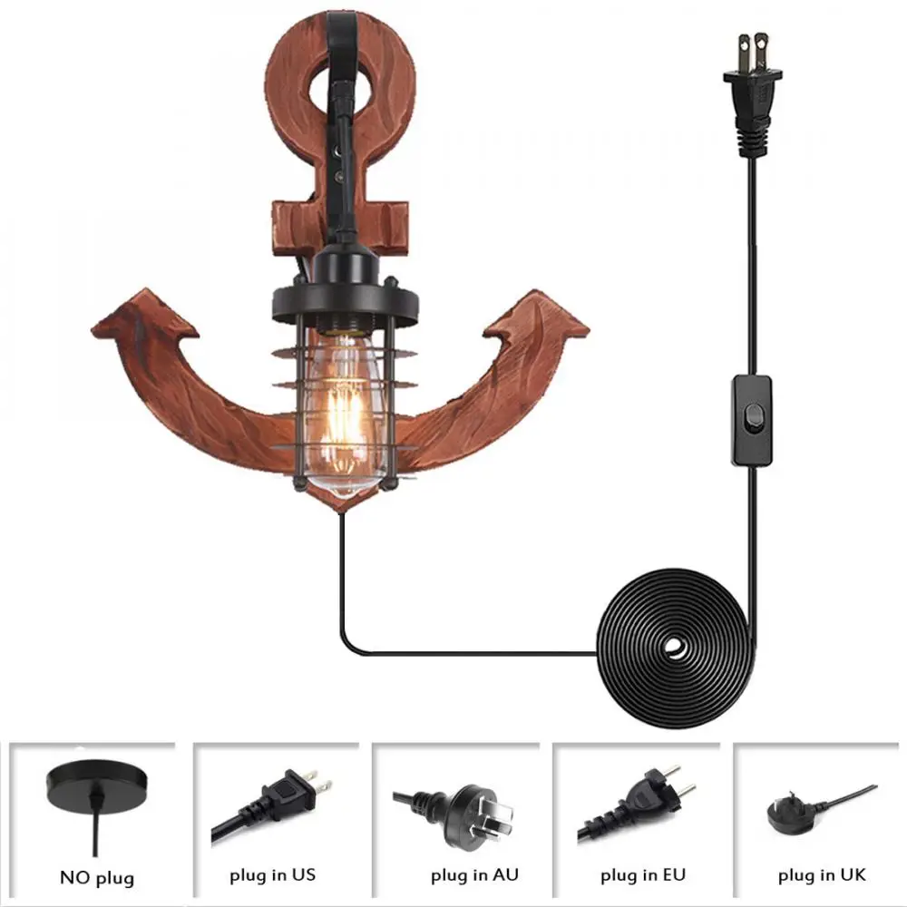 

Plug In Wall Lighting Industrial Nautical Art Decoration Wall Sconce Rustic Wood Wall Lamp with Black Metal Cage Lampshade