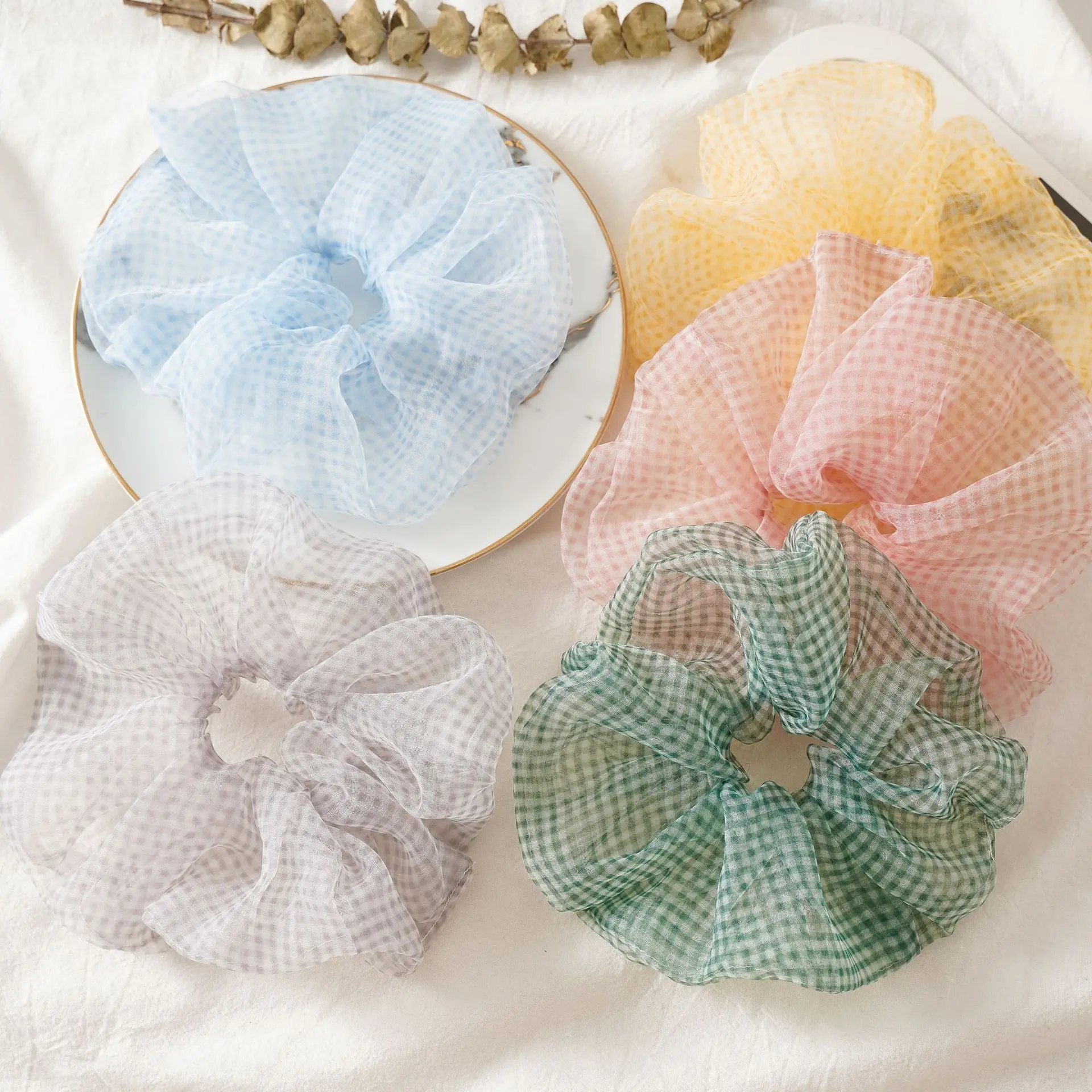 Women Summer Oversize Large Scrunchies Plaid Pattern Cute Adorable Fluffy Scranchis Big Organza Hair Bands Tule |