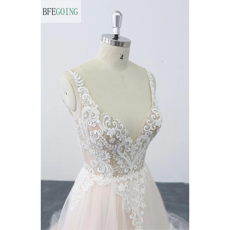 Ivory Lace Appliques Champagne Satin V-Neck Sleeveless Floor-Length A-Line Wedding Dress Chapel Train Custom Made | Свадьбы и
