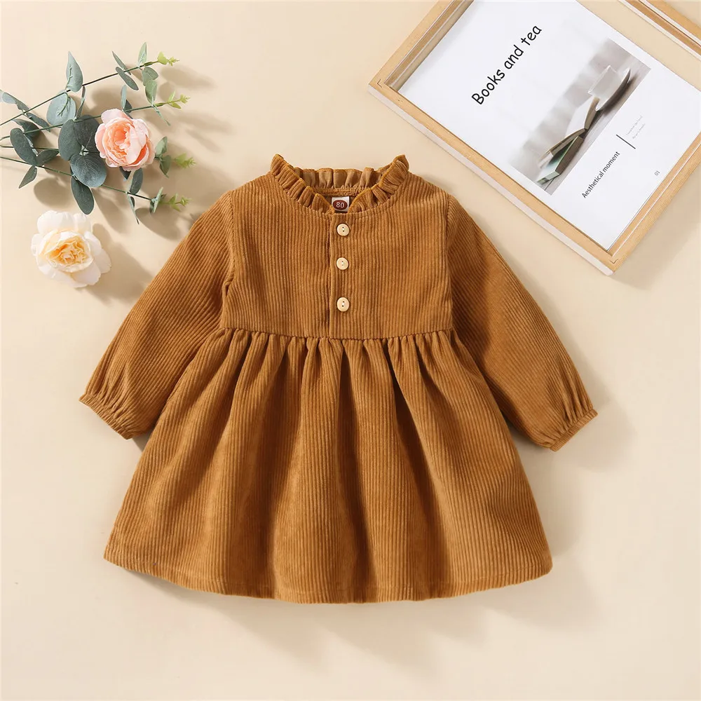 

2021 Kids Girl Corduroy A-Line Dress Toddler Solid Color Round Neck Long Sleeve Ruffle High Waist Spring Fall Baby Warm Clothing