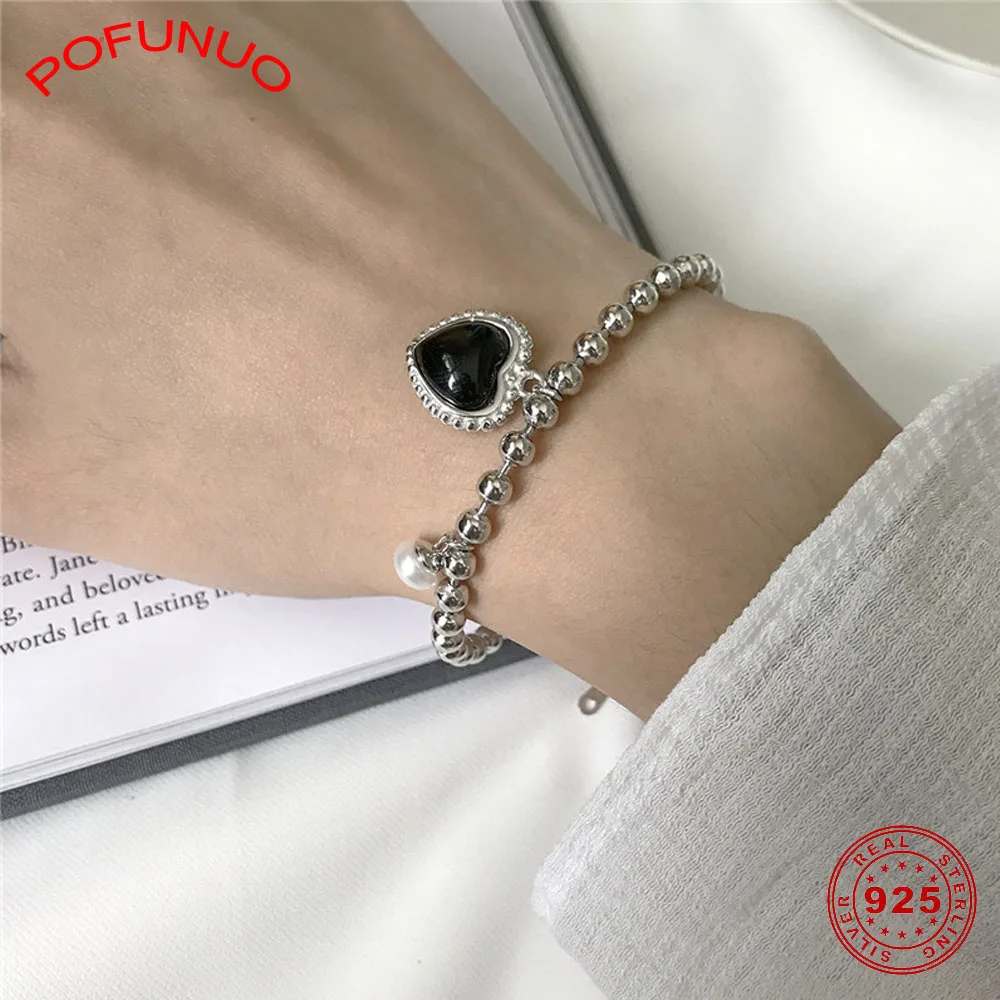 POFUNUO 925 стерлингового серебра роскошный черный оникс Opearl шарм браслеты для женщин