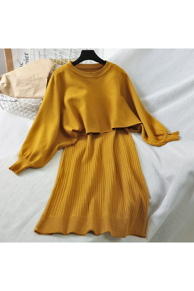 2019 Новая мода Женская одежда свитер + Висячие платья костюм из двух частей платье