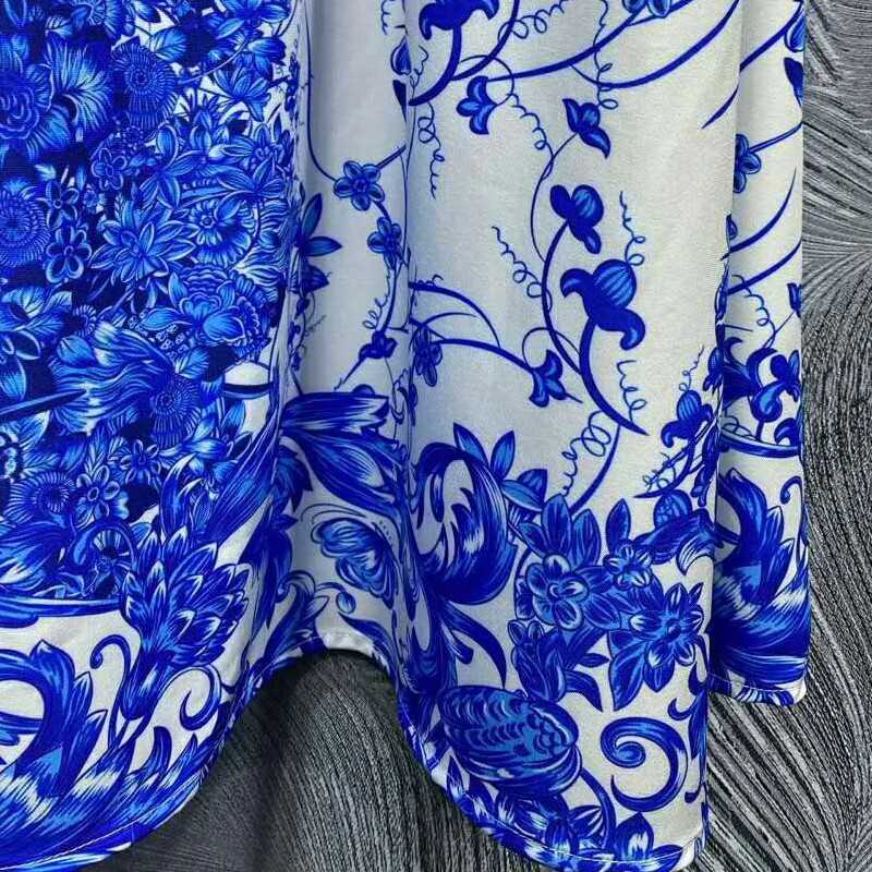 

SEQINYY White Shirt Dress 2020 Spring Autumn New Fashion Design Women Runway Casual Blue Flowers Print Bead Sequined Midi
