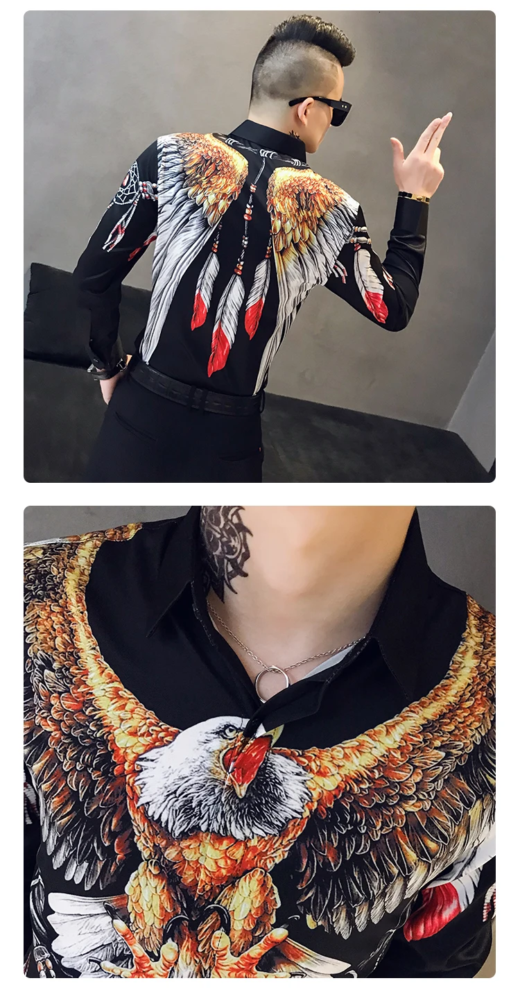 Осенняя мужская Модная приталенная рубашка с коротким рукавом Camisa Masculina, Повседневная Уличная Мужская рубашка с принтом орла