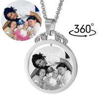 360%c2%b0 rotated round pendant necklaces for women custom engraved photo phrase personalized stainless steel jewelry family lover