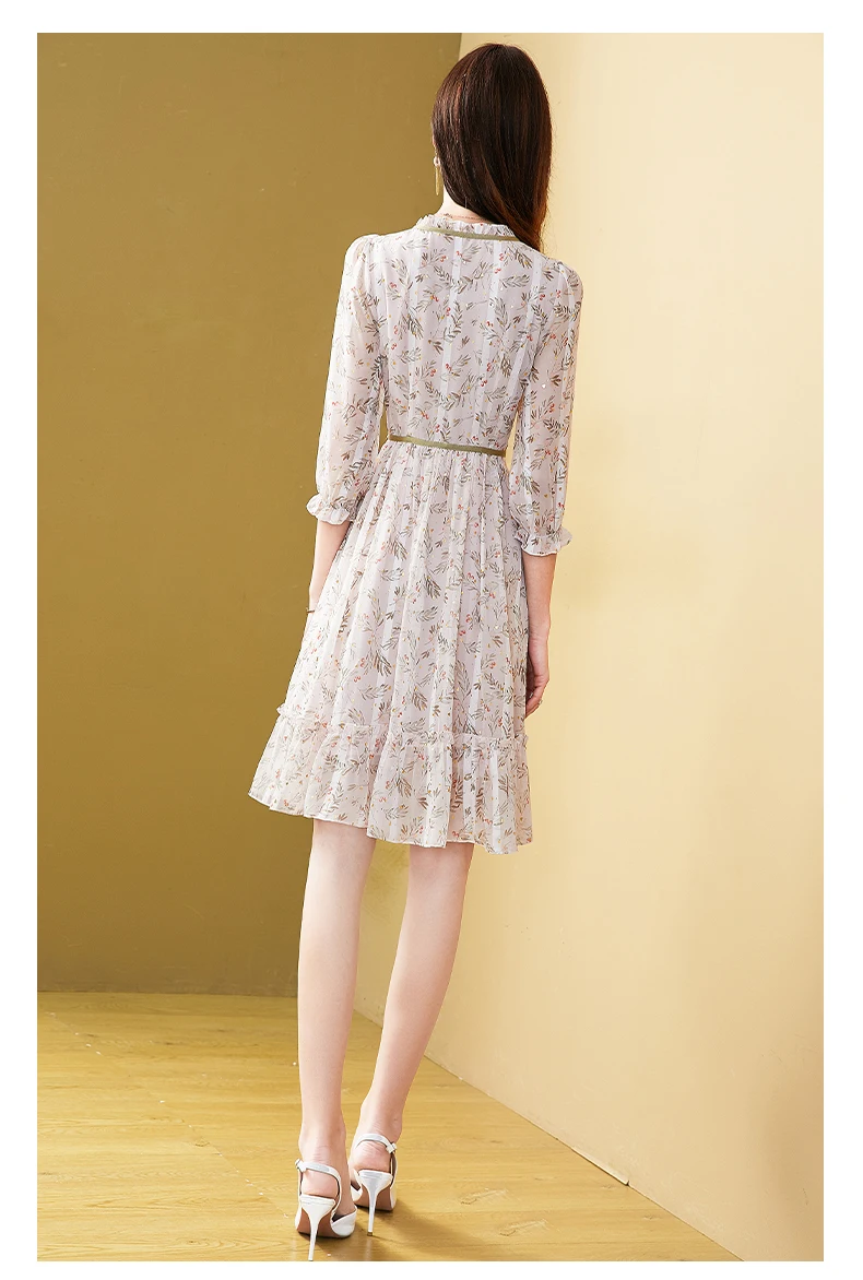 

French high-end 2021 new floral chiffon dress female spring dress waist was thinner ladies temperament a-line skirt