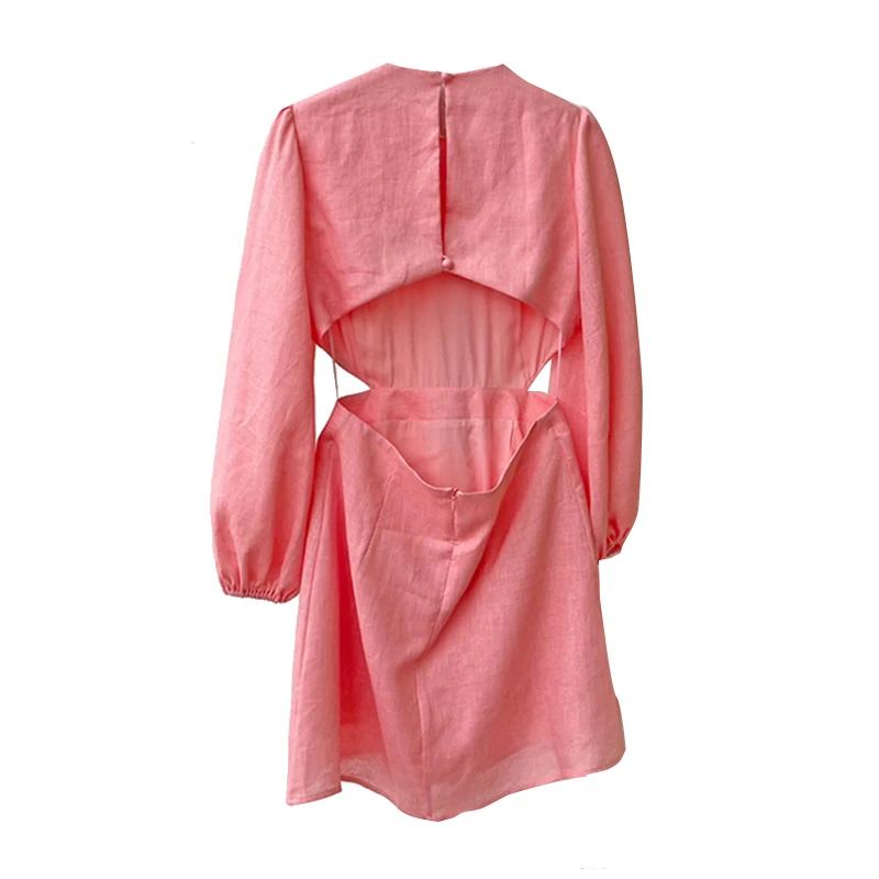 

CHICEVER Hollow Out Dress For Women O Neck Puff Long Sleeve High Waist Ruched Solid Mini Dresses Female Fashion New Clothes 2021