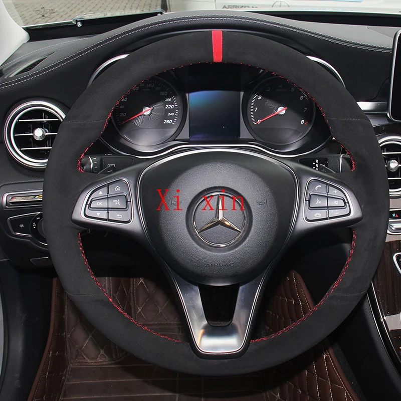 

For Mercedes-Benz GLC260l C200L E300L 180 C-Class E-Class GLA Customized leather suede hand-sewn car steering wheel cover