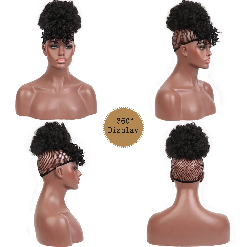 SHANGKE Women's Afro Kinky Curl Hair Bun With Bangs Synthetic Ombre Color Drawstring Clip In Puff Chignon Pins | Шиньоны и парики