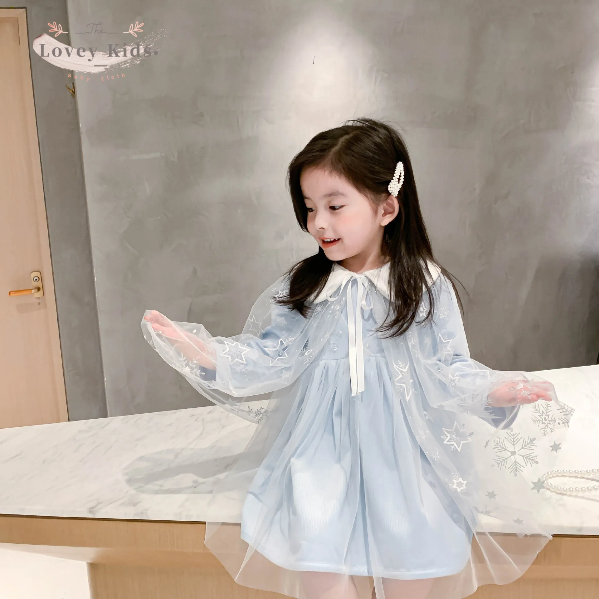 Осень 2020 платья для маленьких девочек 2 шт. с накидкой милая сетчатая пачка синее