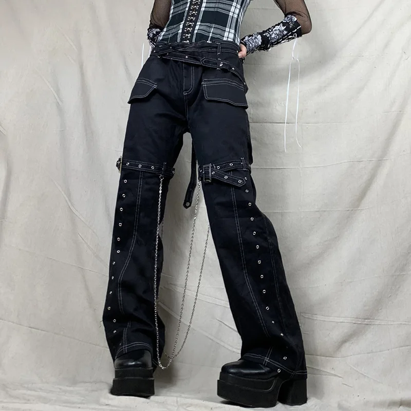 Уличные черные джинсы-карго WeiYao в стиле панк с отверстиями, Женские джинсы-карго с цепочкой и карманами в стиле пэчворк, гранж Y2K, прямые джин...
