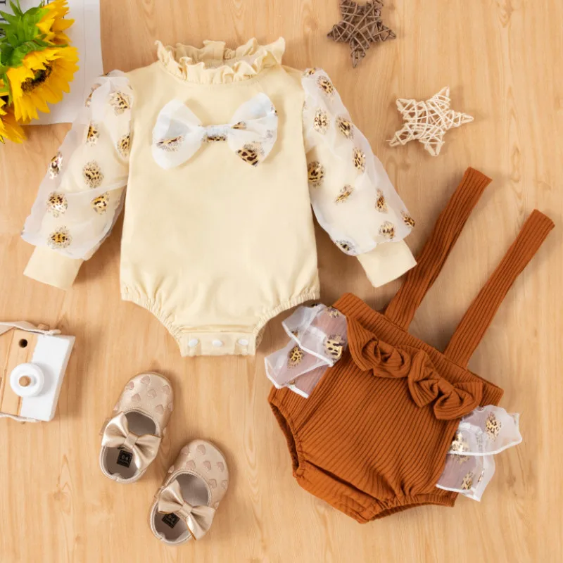 

Baby Girls 2Pcs Fall Outfits, Long Puff Sleeve Ruffle Collar Tops + Ribbed Suspender Shorts Set