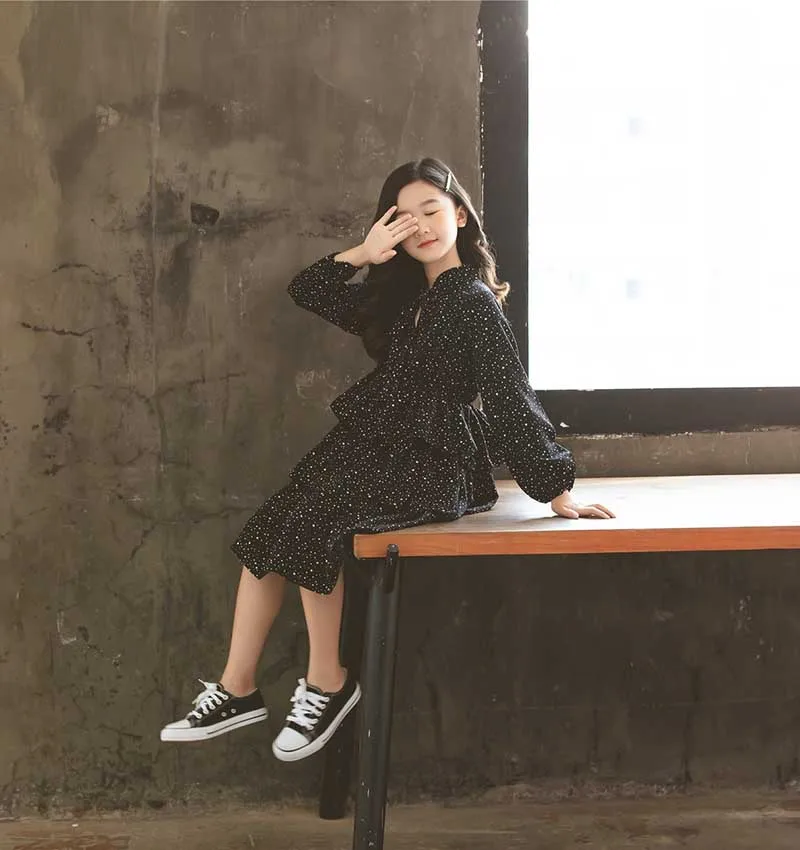 Осеннее платье для девочек-подростков черные зимние платья девочек новинка 2019