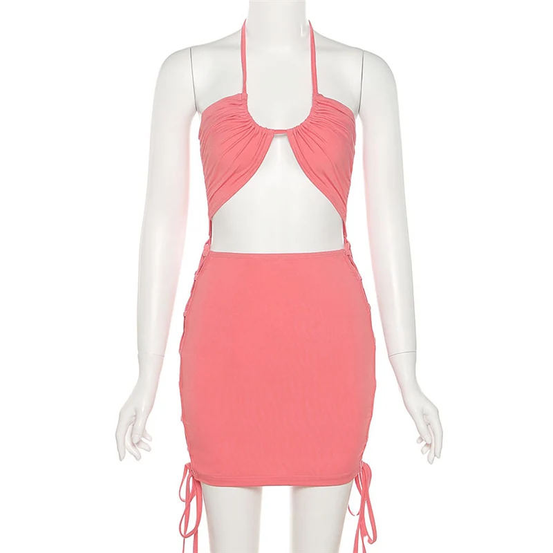 

Women Halter Sleeveless Dress with Cross Straps Fashion Adjustable Sexy Hollow Style Skinny Fit Summer Clothing Party Clubwear