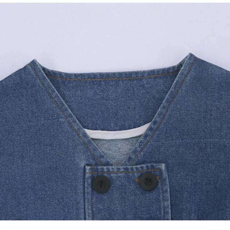 

Baby Girl Short Denim Jacket 2020 Autumn New Style Korean Fashion Design Double-breasted V-neck Puff Sleeve Top Kids Clothes