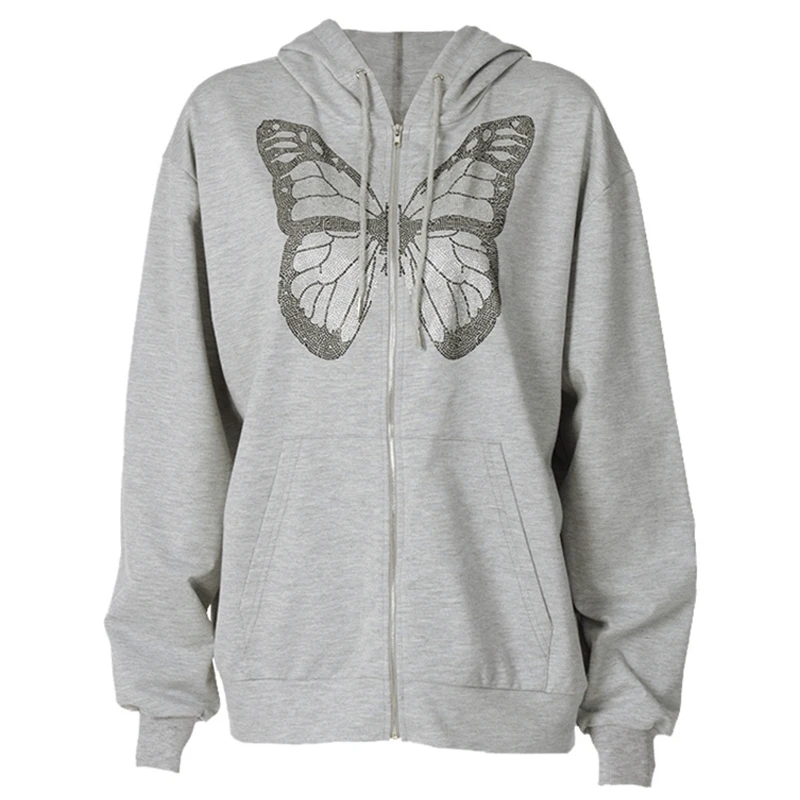 

Women Long Sleeve Hoodies Jacket Butterfly Rhinestone Zipper Loose Sweatshirt M5TE